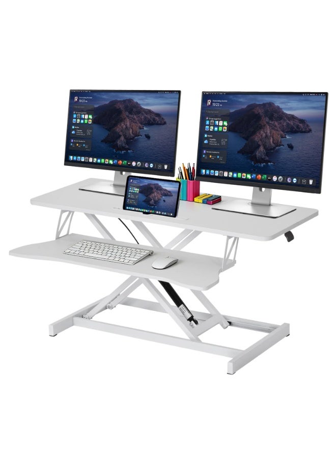 كيل › محول مكتب قائم قابل لتعديل الارتفاع باللون الأبيض 32 بوصة مريح مزدوج الإطار على شكل X مع حامل لوحة المفاتيح للمكتب والمنزل - Image 1